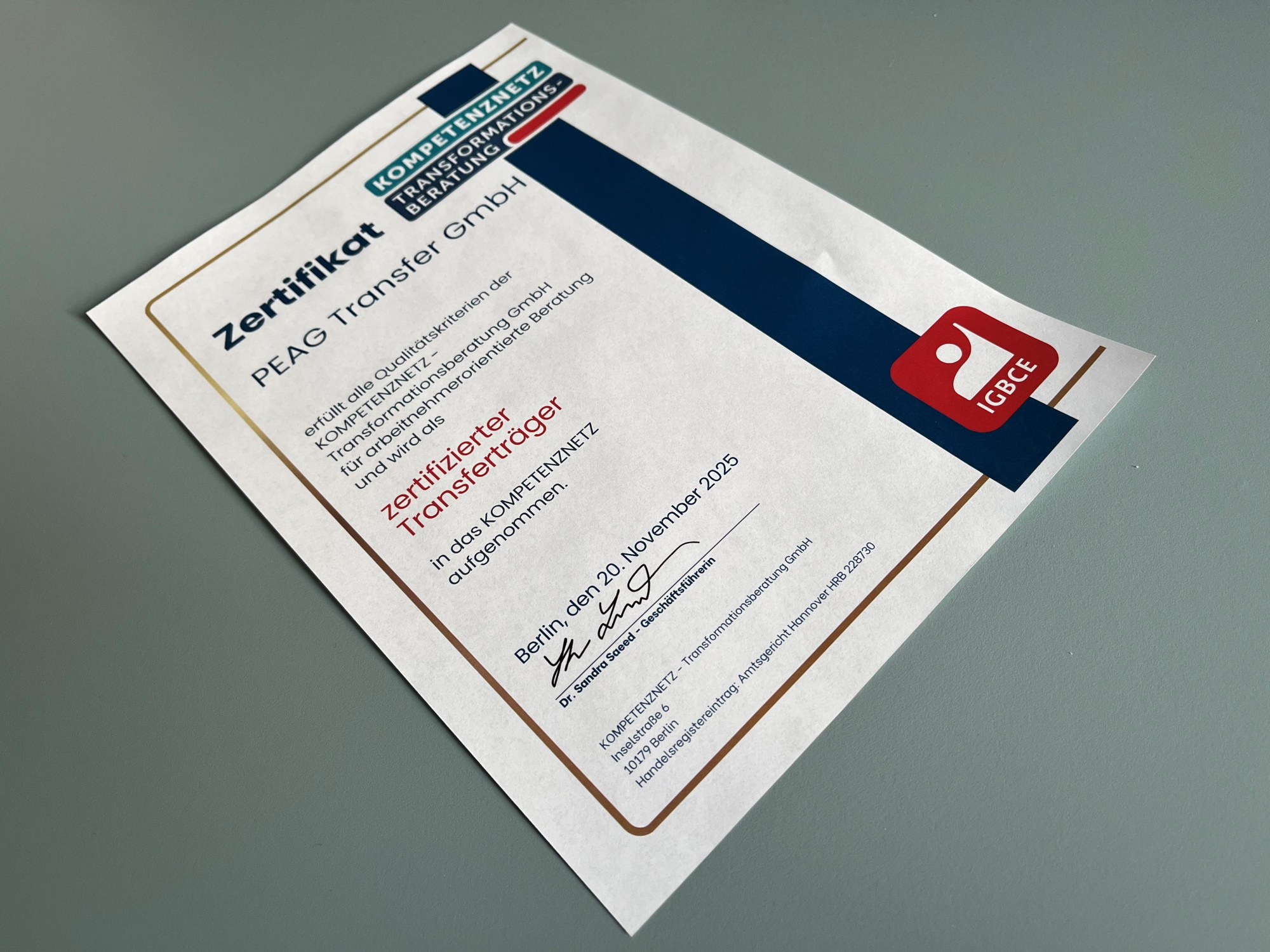 PEAG Transfer erfüllt alle KOMPETENZNETZ-Qualitätskriterien für eine arbeitnehmerorientierte Beratung, wie eine Zertifizierung jetzt zeigte.